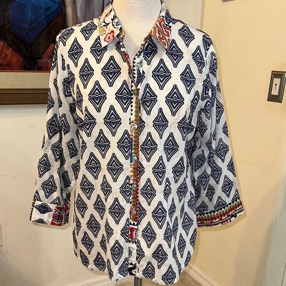 Orientique Naturally Australian Geometric Contrast Patterned Button-Up Shirt MED - Picture 6 of 14